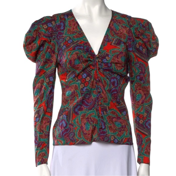 VERONICA BEARD Paisley Print w/ Puff Sleeve Plunge Neckline Blouse  Size 2 NWT - Picture 3 of 12
